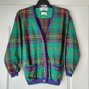 Vintage 80s Adrienne Vittadini Sport Imagin Cardigan Plaid Size Large Multicolor